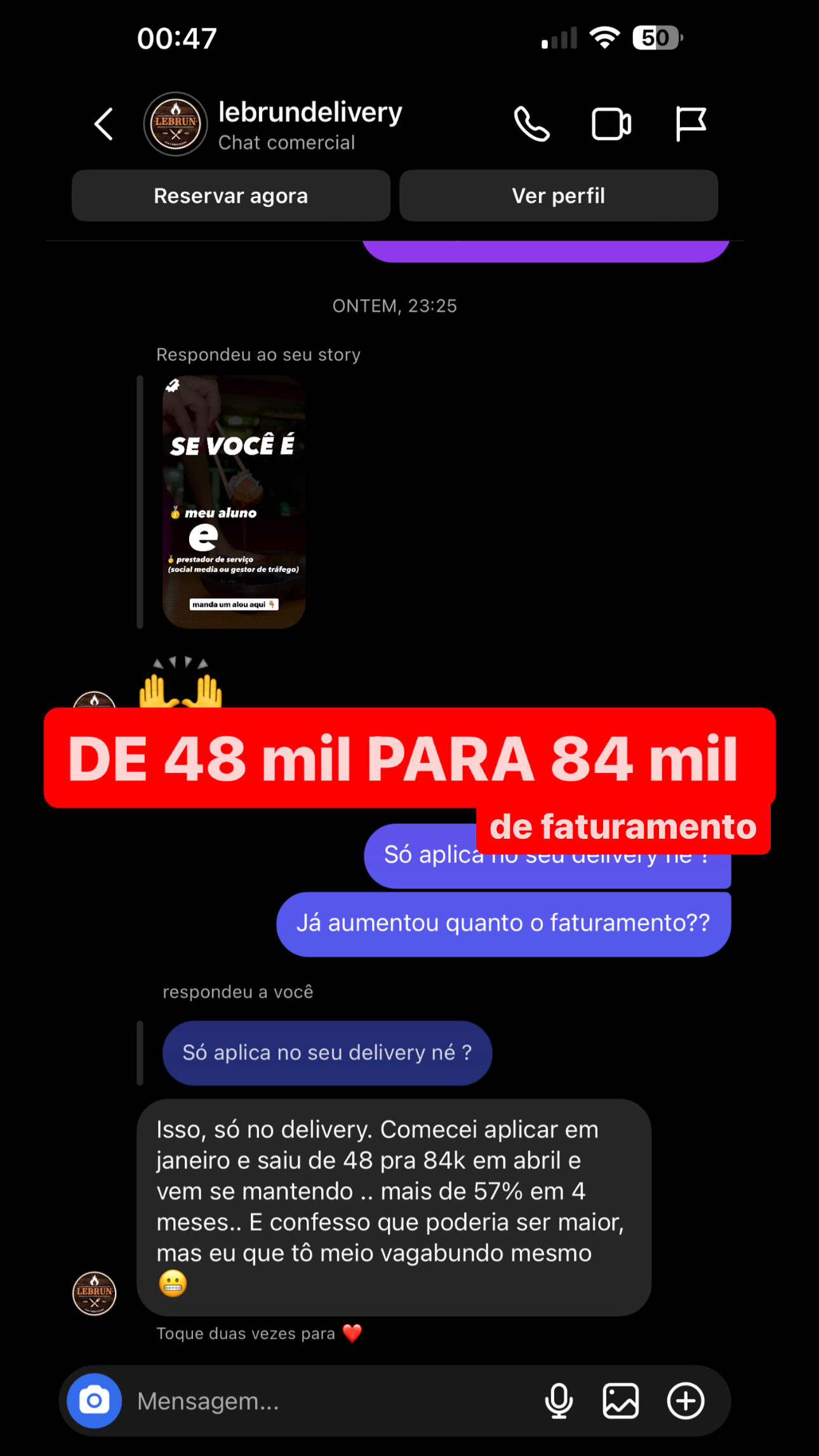 Print de cliente comemorando resultado