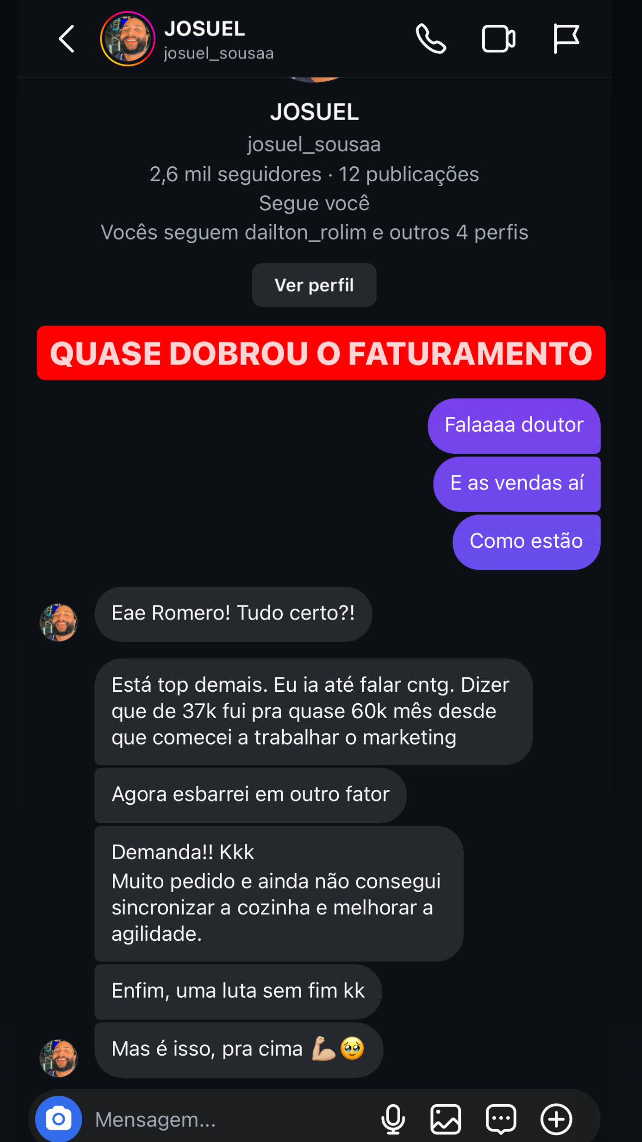 Print de cliente comemorando resultado